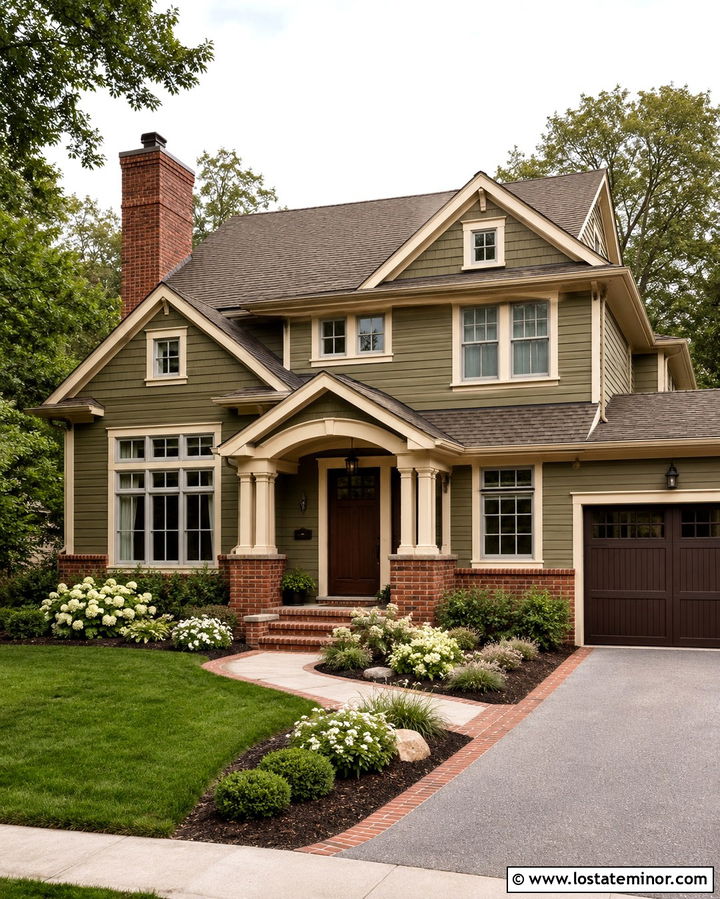 Olive Green House With Red Brick Accents - 30 Olive Green House Design With Front Yard Ideas
