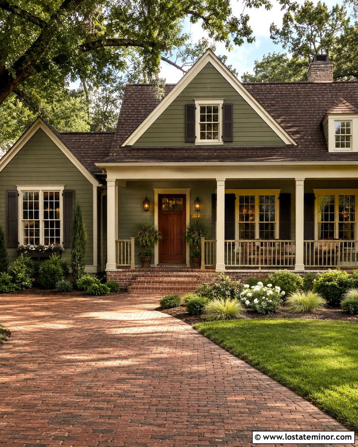 Olive Green House With Red Brick Driveway - 30 Olive Green House Design With Driveway Ideas