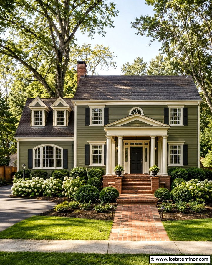 Olive Green House With Red Brick Portico - 30 Olive Green House Design With Portico Ideas