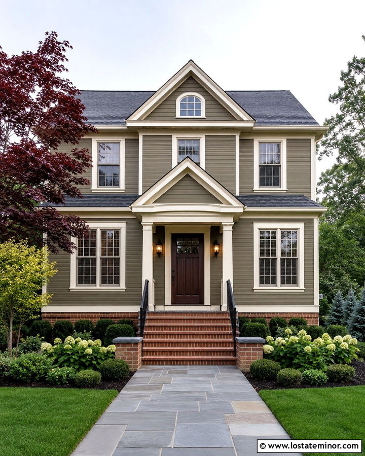 Olive Green House With Red Brick Stairs - 30 Olive Green House Design With Steps Ideas