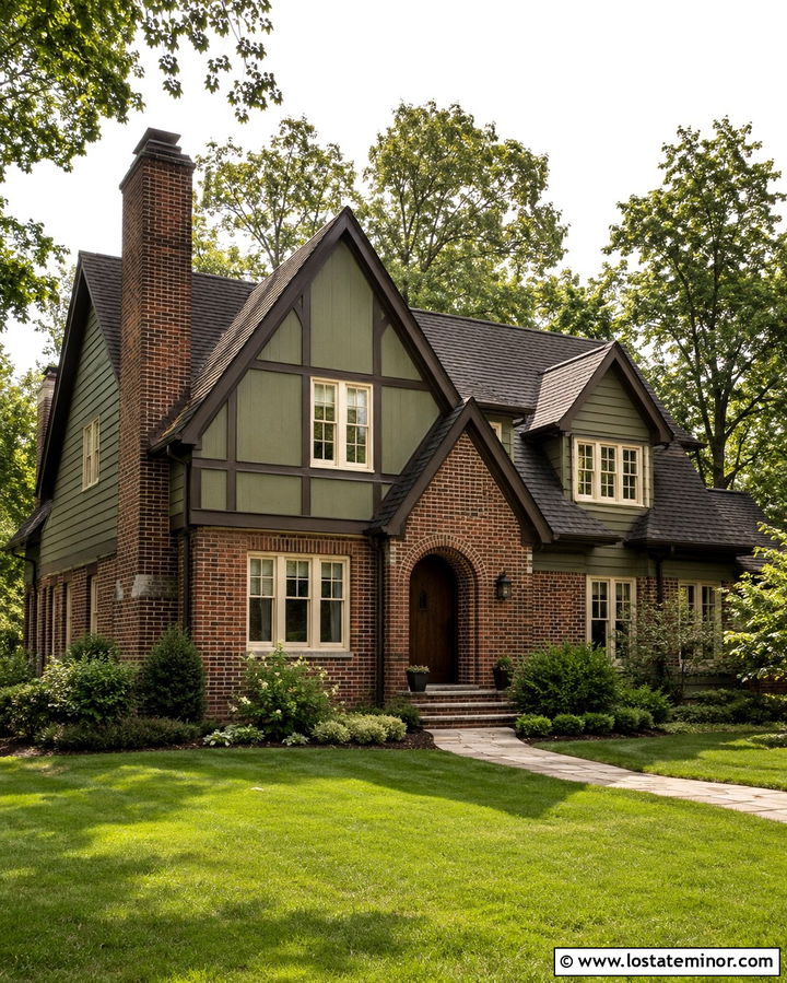 Olive Green House With Red Brick Trim - 30 Olive Green House Design With Trim Ideas