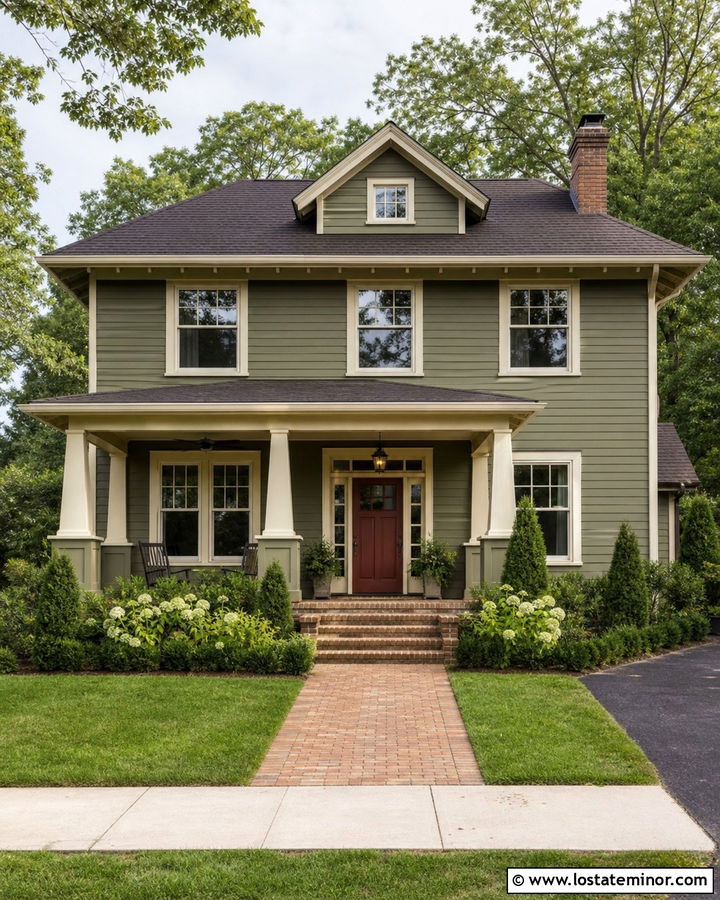 Olive Green House With Red Front Door - 30 Olive Green House Design With Accents Ideas