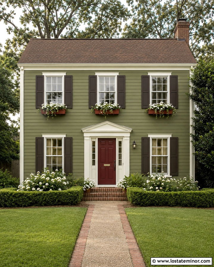Olive Green House With Red Window Boxes - 30 Olive Green House Design With Window Boxes Ideas