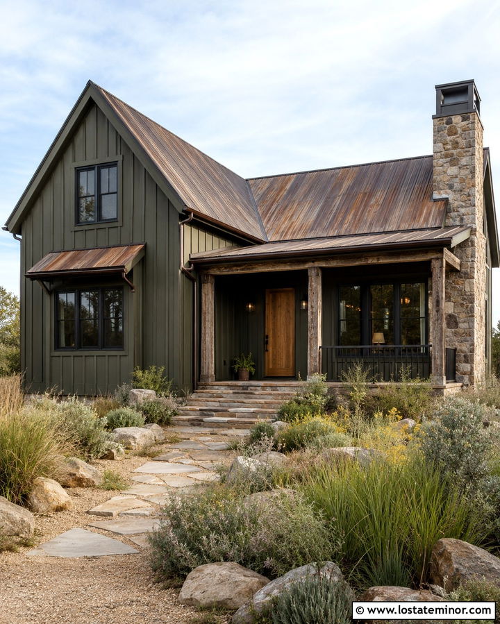 Olive Green House With Rusted Metal Roof - 30 Olive Green House Design With Roof Ideas
