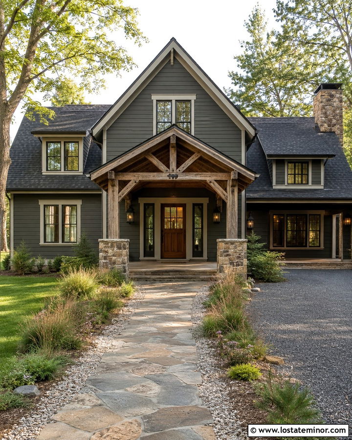 Olive Green House With Rustic Beam Portico - 30 Olive Green House Design With Portico Ideas
