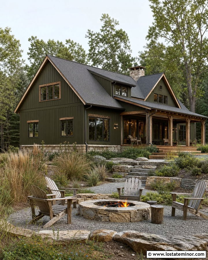 Olive Green House With Rustic Fire Pit - 30 Olive Green House Design With Backyard Ideas