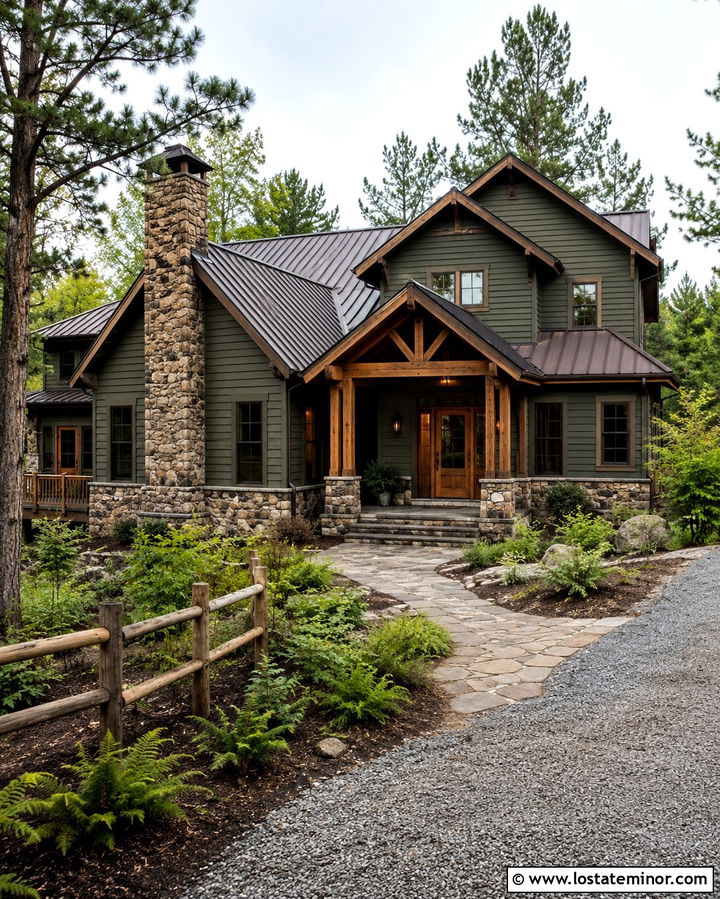 Olive Green House With Rustic Log Fence - 30 Olive Green House Design With Fence Ideas