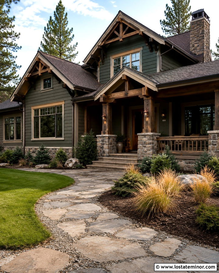 Olive Green House With Rustic Stone Walkway - 30 Olive Green House Design With Walkway Ideas