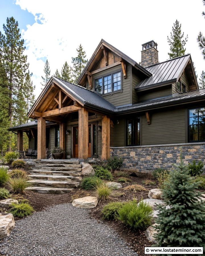 Olive Green House With Rustic Timber Porch Columns - 30 Olive Green House Design With Porch Columns Ideas