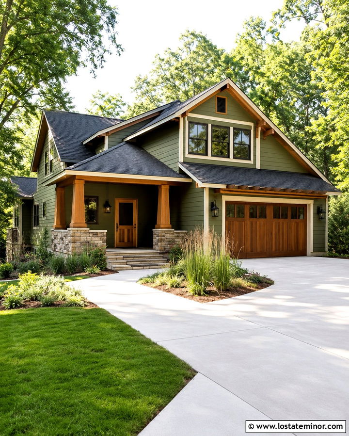 Olive Green House With Screen Door And Wood Accents - 30 Olive Green House Design With Screen Door Ideas