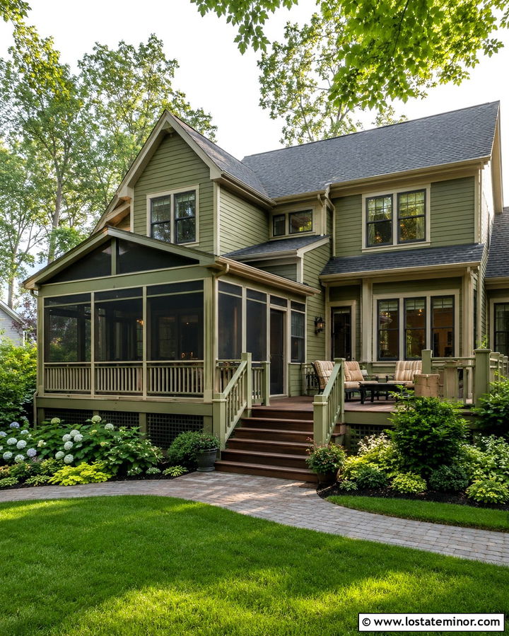 Olive Green House With Screened Deck - 30 Olive Green House Design With Deck Ideas