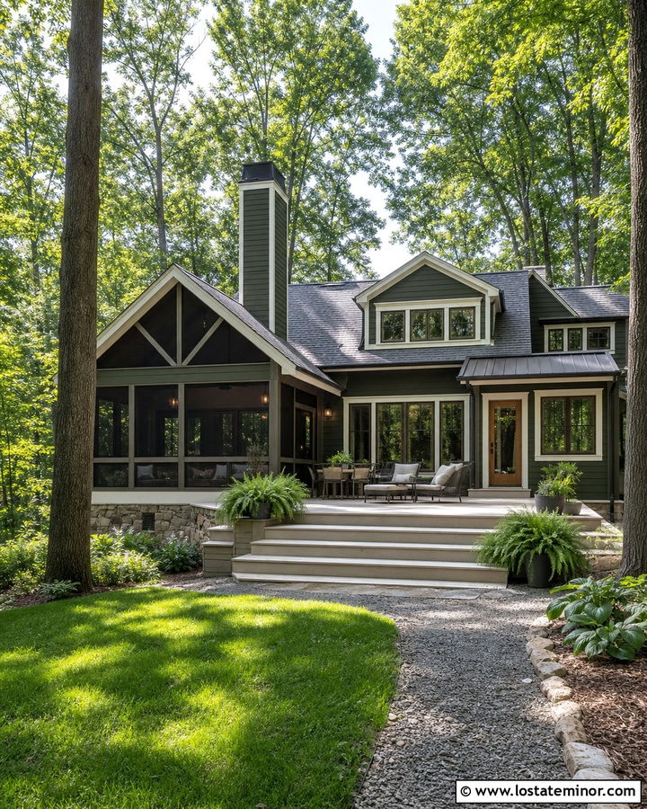 Olive Green House With Screened Porch - 30 Olive Green House Design With Backyard Ideas