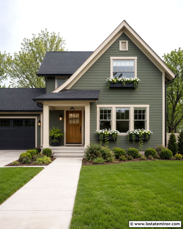 Olive Green House With Self Watering Window Boxes - 30 Olive Green House Design With Window Boxes Ideas