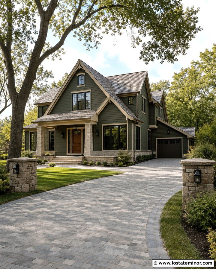 Olive Green House With Side Entry Driveway - 30 Olive Green House Design With Driveway Ideas