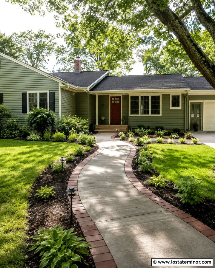 Olive Green House With Side Entry Walkway - 30 Olive Green House Design With Walkway Ideas