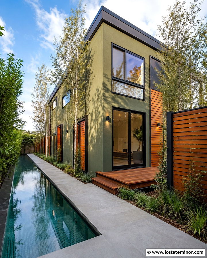 Olive Green House With Side Yard Lap Pool - 30 Olive Green House Design With Swimming Pool Ideas