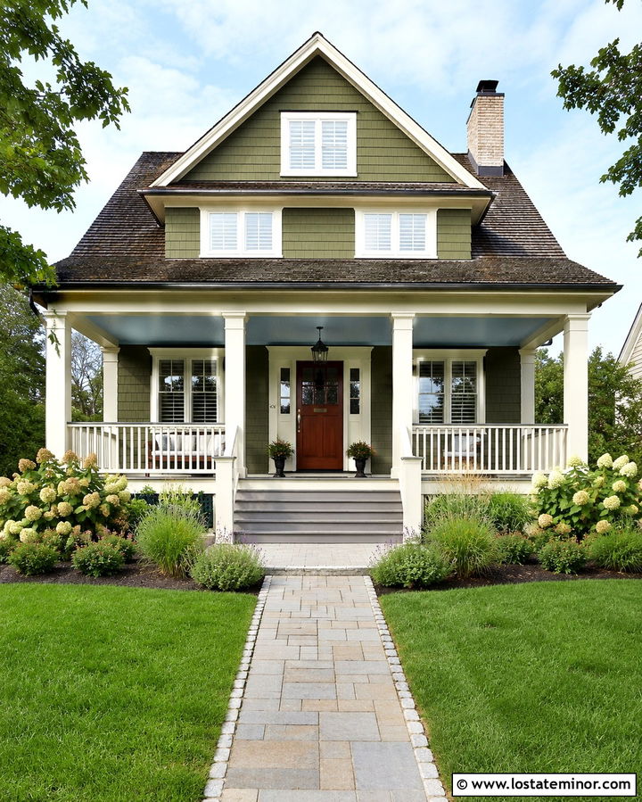 Olive Green House With Sky Blue Porch Ceiling - 30 Olive Green House Design With Porch Ceiling Ideas