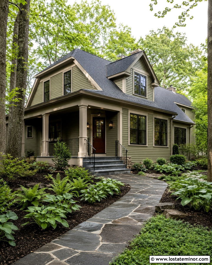 Olive Green House With Slate Walkway - 30 Olive Green House Design With Walkway Ideas