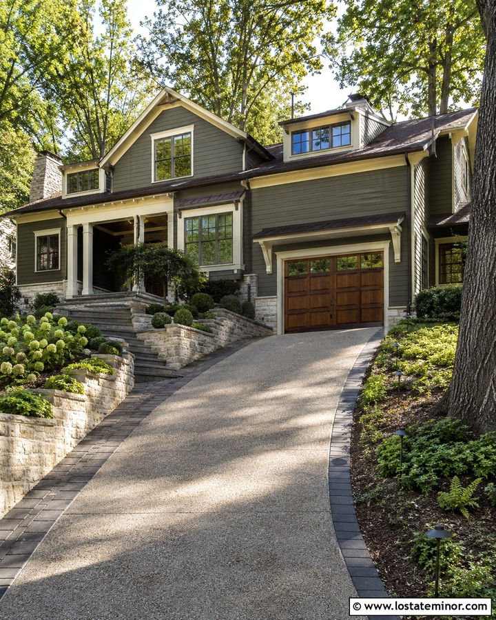 Olive Green House With Sloped Driveway - 30 Olive Green House Design With Driveway Ideas