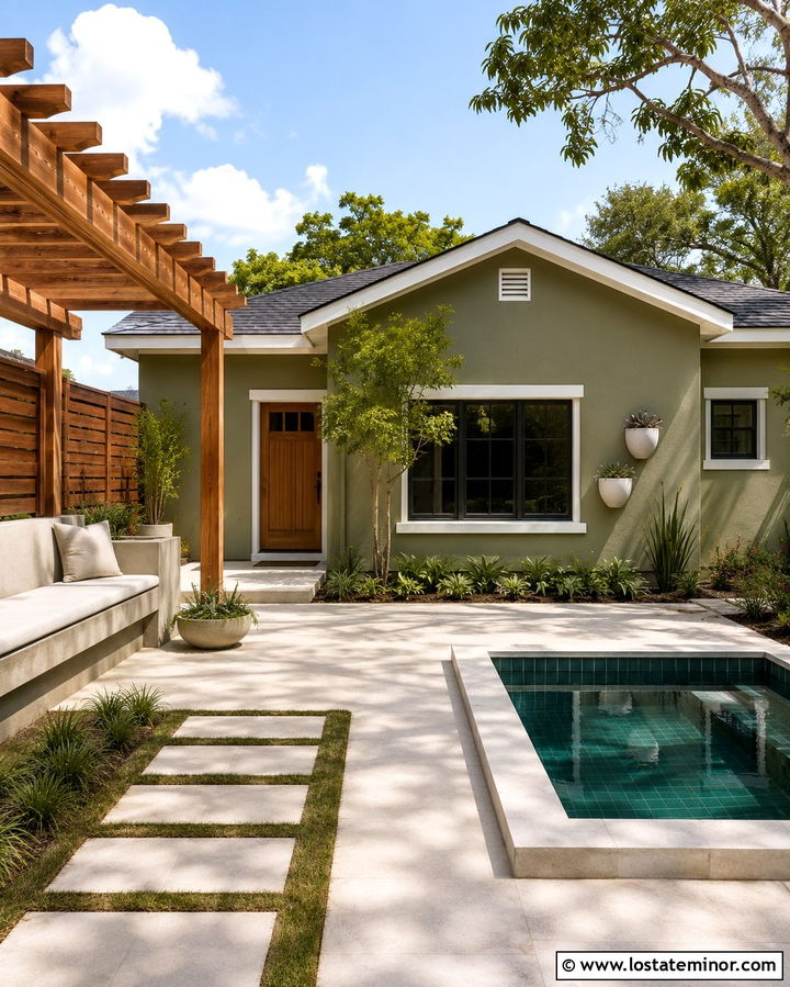 Olive Green House With Small Plunge Pool - 30 Olive Green House Design With Swimming Pool Ideas