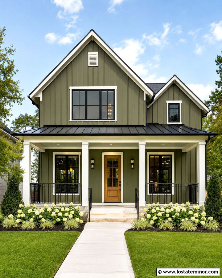 Olive Green House With Soft Sage Porch Ceiling - 30 Olive Green House Design With Porch Ceiling Ideas