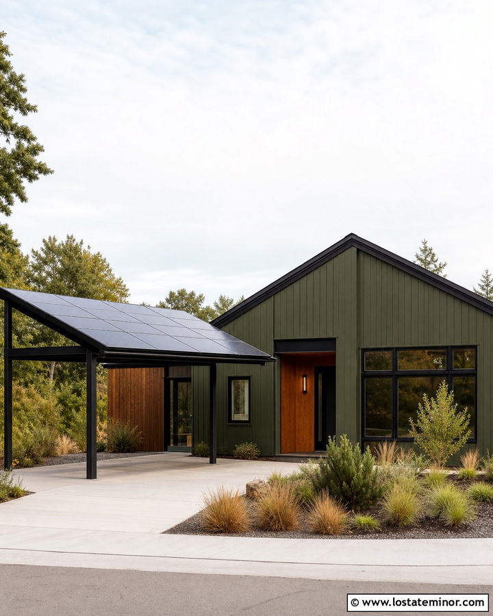 Olive Green House With Solar Carport - 30 Olive Green House Design With Carport Ideas