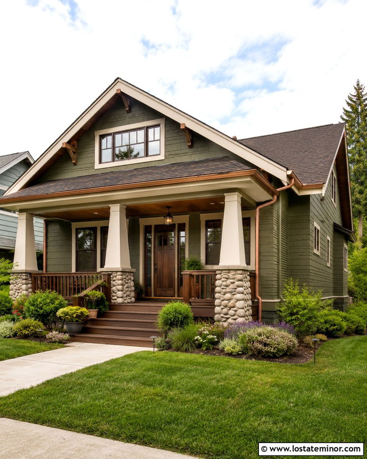 Olive Green House With Stained Beadboard Porch Ceiling - 30 Olive Green House Design With Porch Ceiling Ideas
