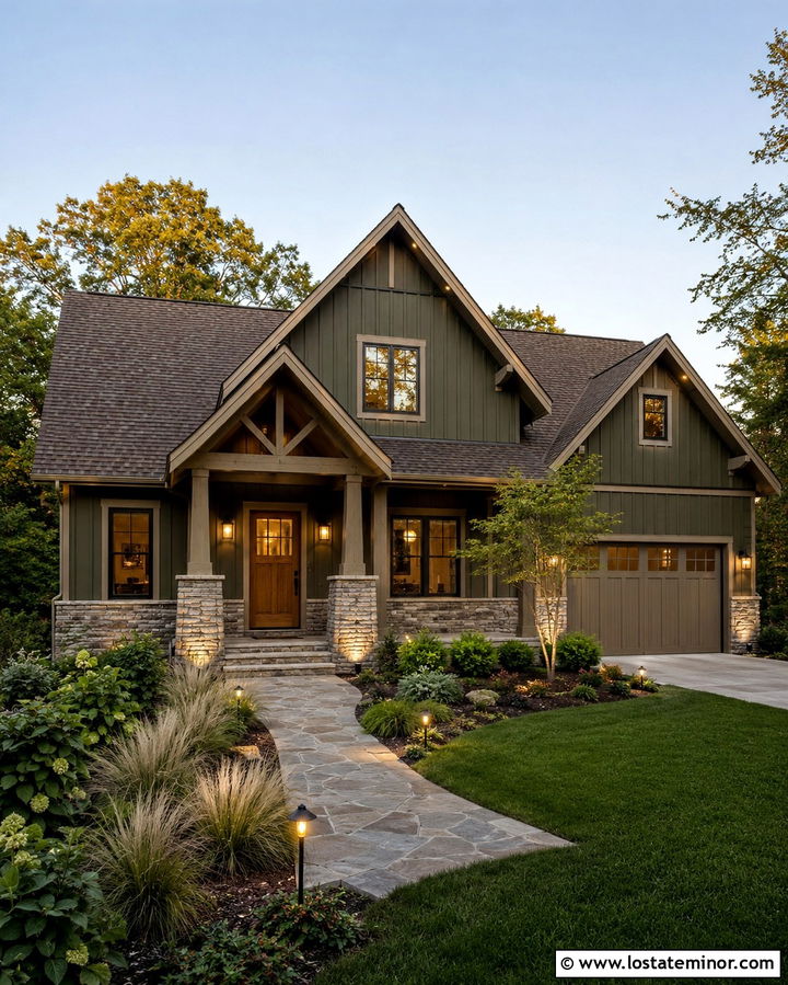 Olive Green House With Stone Accent Lighting - 30 Olive Green House Design With Lighting Ideas