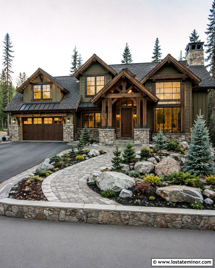 Olive Green House With Stone And Brown Garage Door - 30 Olive Green House Design With Garage Door Ideas