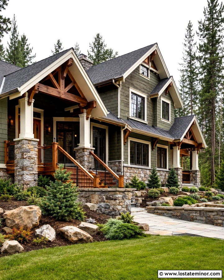 Olive Green House With Stone And Wood Deck - 30 Olive Green House Design With Deck Ideas
