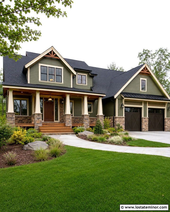 Olive Green House With Stone Base Porch Columns - 30 Olive Green House Design With Porch Columns Ideas
