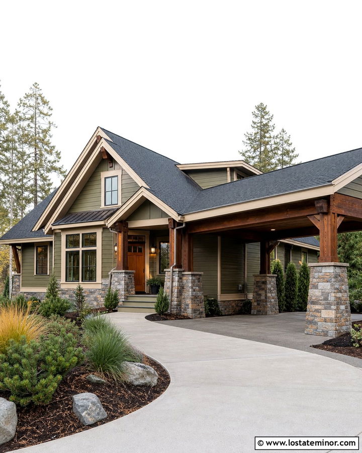 Olive Green House With Stone Carport Columns - 30 Olive Green House Design With Carport Ideas