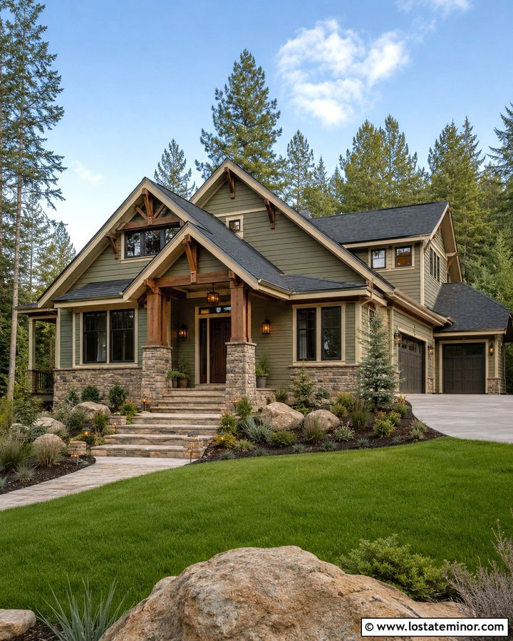 Olive Green House With Stone Column Portico - 30 Olive Green House Design With Portico Ideas