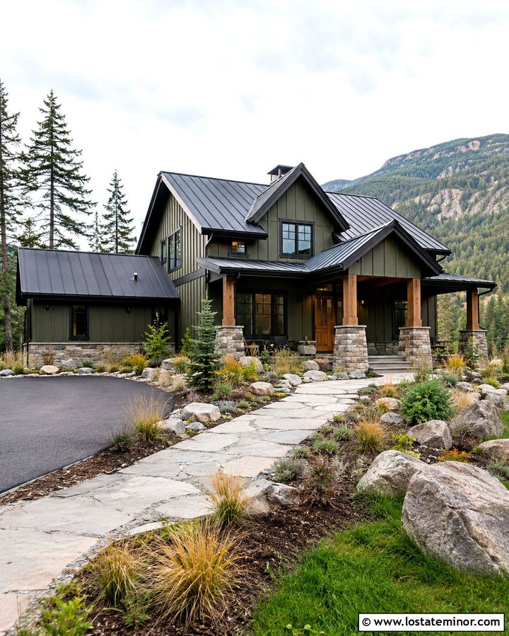 Olive Green House With Stone Columns And Metal Roof - 30 Olive Green House Design With Porch Columns Ideas