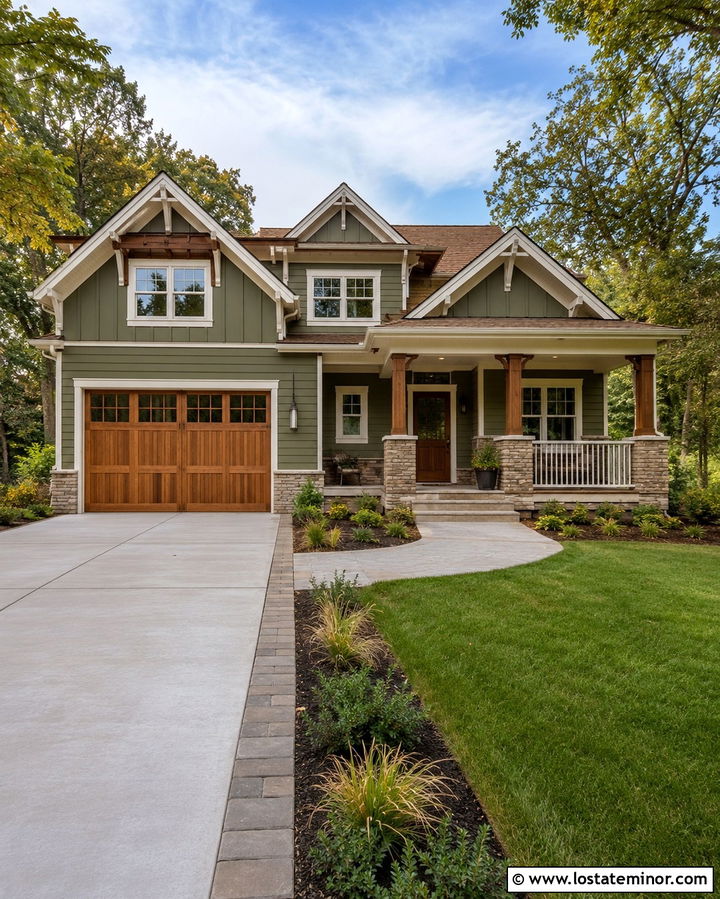 Olive Green House With Stone Edged Driveway - 30 Olive Green House Design With Driveway Ideas
