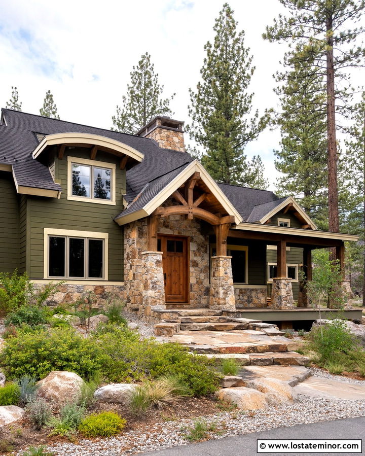 Olive Green House With Stone Framed Entry Door - 30 Olive Green House Design With Entry Door Ideas