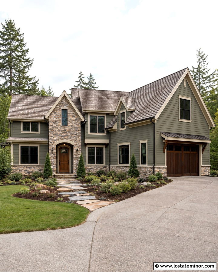 Olive Green House With Stone Gables - 30 Olive Green House Design With Gables Ideas