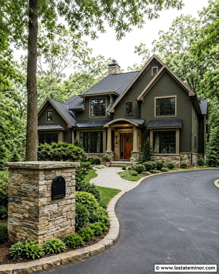 Olive Green House With Stone Mailbox Column - 30 Olive Green House Design With Mailbox Ideas