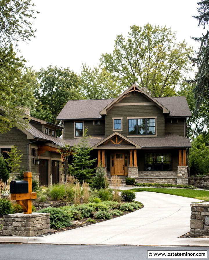 Olive Green House With Stone Mailbox Surround - 30 Olive Green House Design With Mailbox Ideas