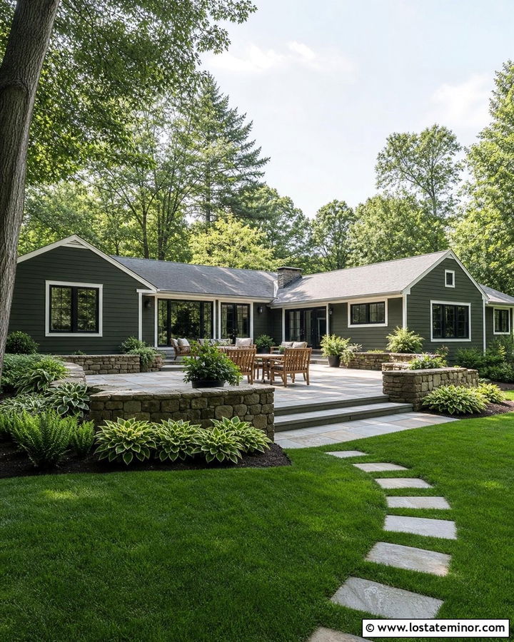 Olive Green House With Stone Patio - 30 Olive Green House Design With Backyard Ideas