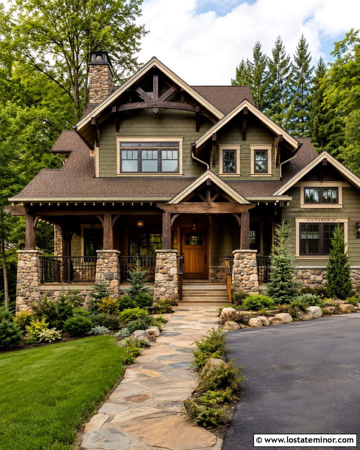 Olive Green House With Stone Pier Railings - 30 Olive Green House Design With Railings Ideas