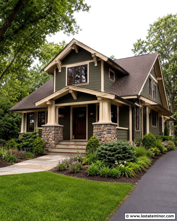 Olive Green House With Stone Porch And Storm Door - 30 Olive Green House Design With Storm Door Ideas