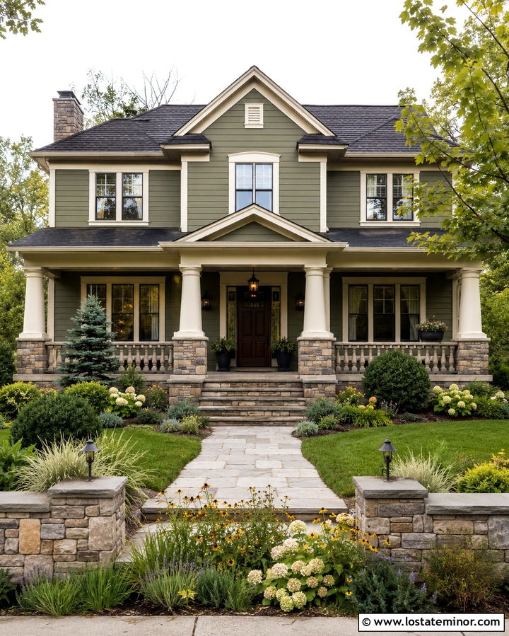 Olive Green House With Stone Porch - 30 Olive Green House Design With Front Yard Ideas