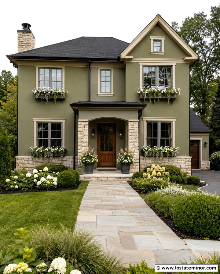 Olive Green House With Stone Siding And Window Boxes - 30 Olive Green House Design With Window Boxes Ideas