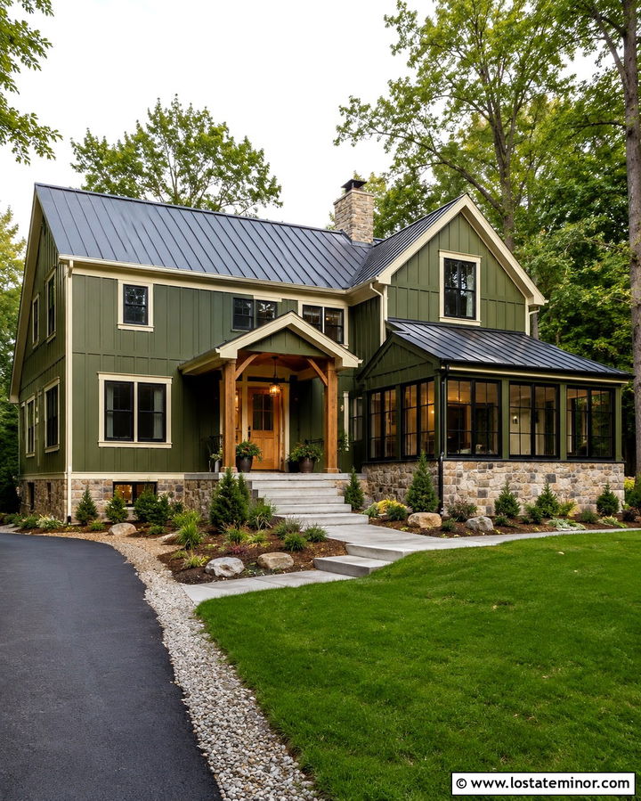 Olive Green House With Sunroom And Metal Roof - 30 Olive Green House Design With Sunroom Ideas