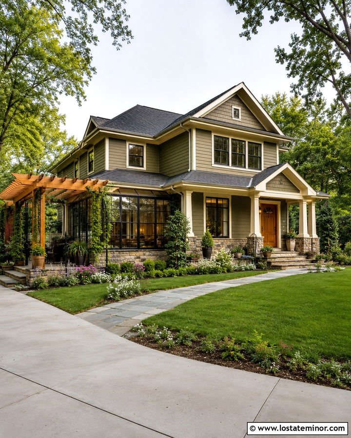 Olive Green House With Sunroom And Pergola - 30 Olive Green House Design With Sunroom Ideas