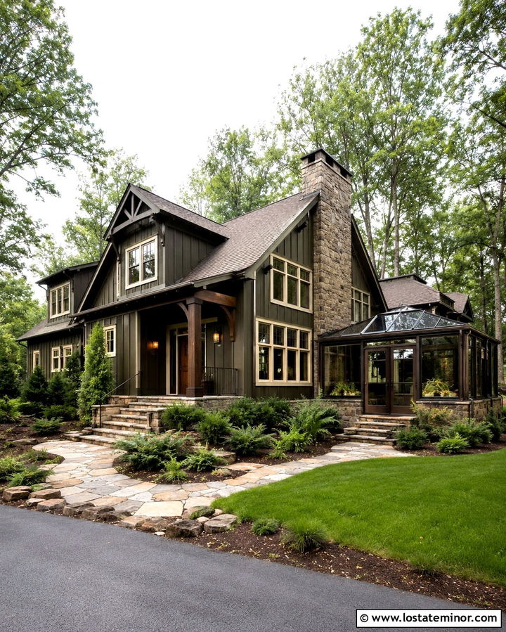 Olive Green House With Sunroom And Stone Chimney - 30 Olive Green House Design With Sunroom Ideas