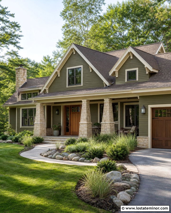 Olive Green House With Tan Stone Accents - 30 Olive Green House Design With Accents Ideas