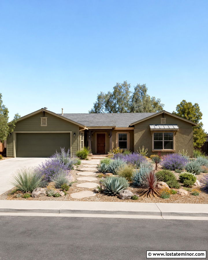 Olive Green House With Tan Trim And Drought Tolerant Beds - 30 Olive Green House Design With Landscaping Ideas
