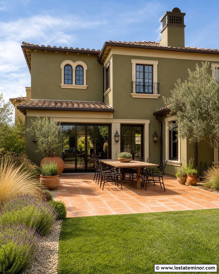 Olive Green House With Terracotta Backyard - 30 Olive Green House Design With Backyard Ideas